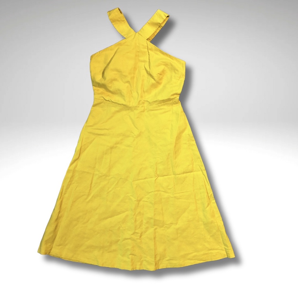 Ann Taylor Linen Cotton Bright Yellow Halter Dress with Pockets Size 0